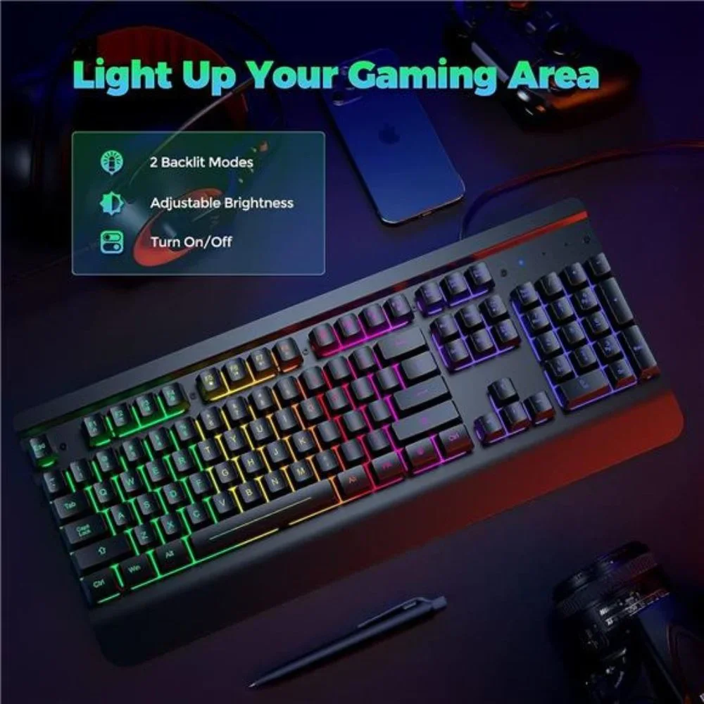Gaming Keyboard, 104 Keys All-Metal Panel, Rainbow LED Backlit Quiet Keyboard